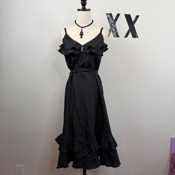 Kimchi Blue Dresses & Skirts - Vintage Y2K Black Silk Ruffle V-Neck Tie-Waist Romantic Tiered Midi Slip Dress 4